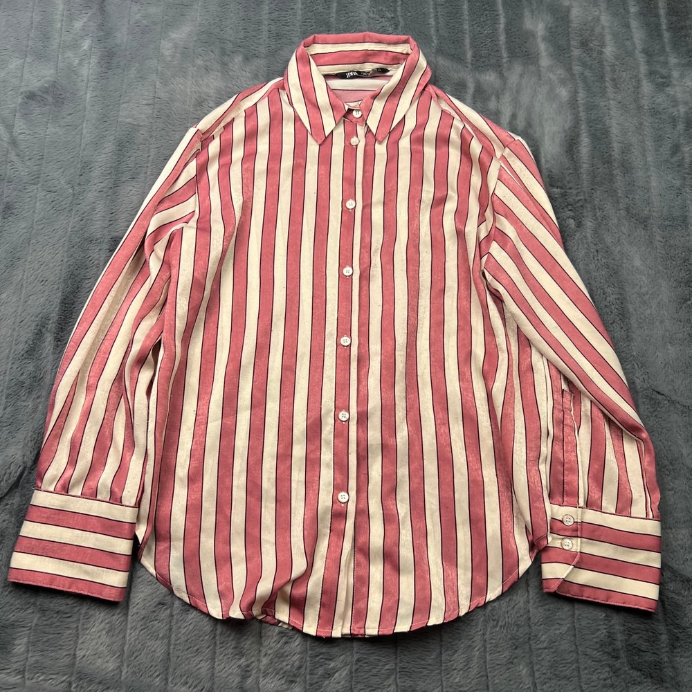 Zara Pink Cream Striped Button Down Shirt Long Sleeve Satin Feel Size M 14903